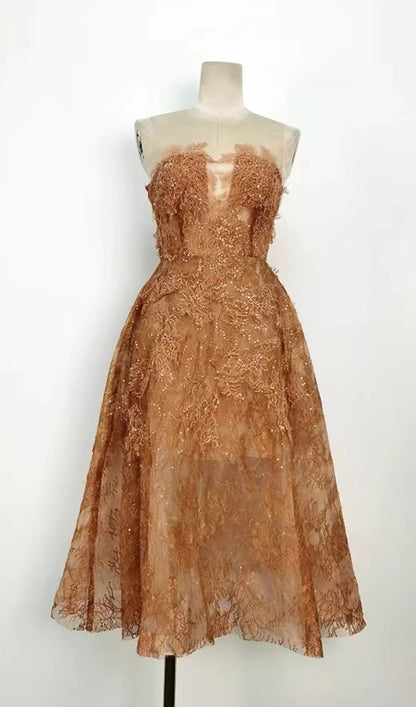 Brown Floral Lace A-Line Dress