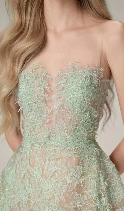 Green Floral Lace A-Line Dress