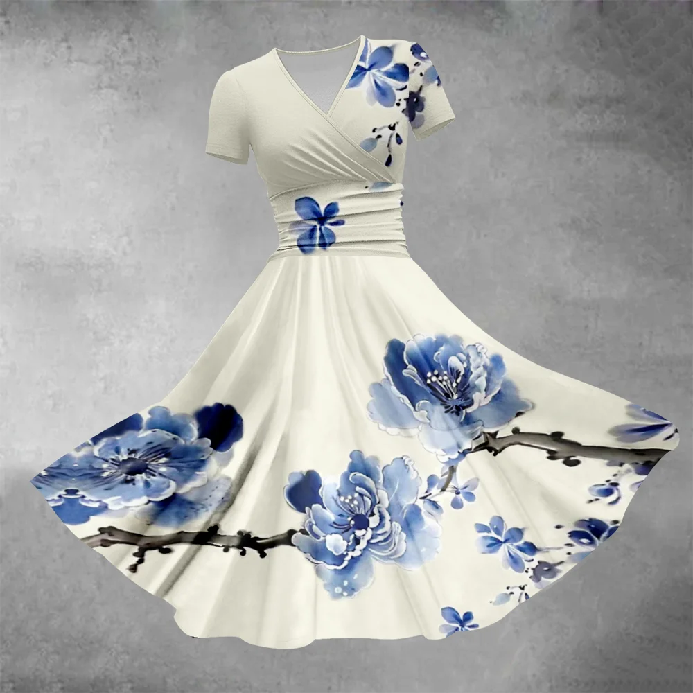 Elegant Blue Floral Print V-Neck Short Sleeve Midi Dress