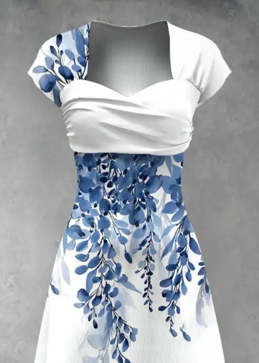 Elegant Blue Vine Floral Print Sweetheart Neck Midi Dress