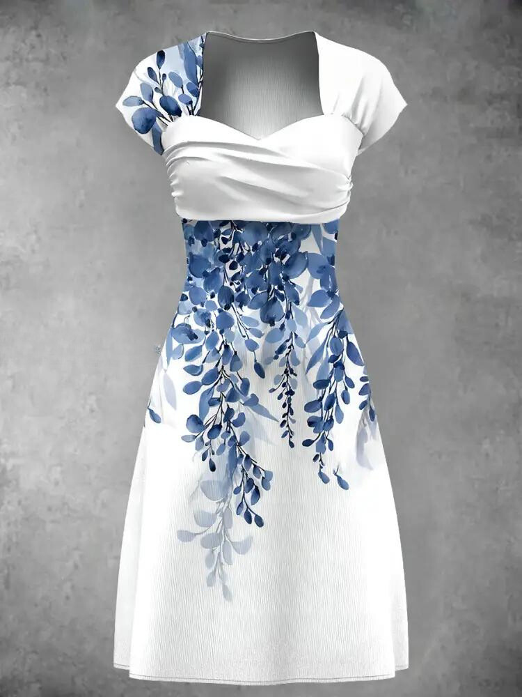 Elegant Blue Vine Floral Print Sweetheart Neck Midi Dress