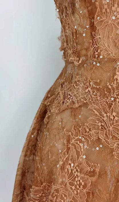 Brown Floral Lace A-Line Dress