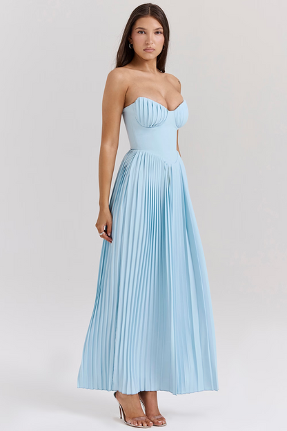 Charlotte - Elegant Strapless Pleated Blue Dress