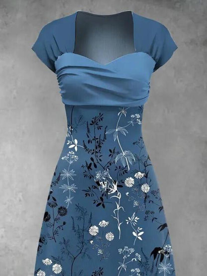 Elegant Blue Floral Print Sweetheart Neck Midi Dress