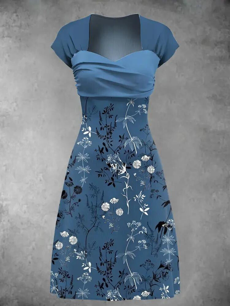 Elegant Blue Floral Print Sweetheart Neck Midi Dress