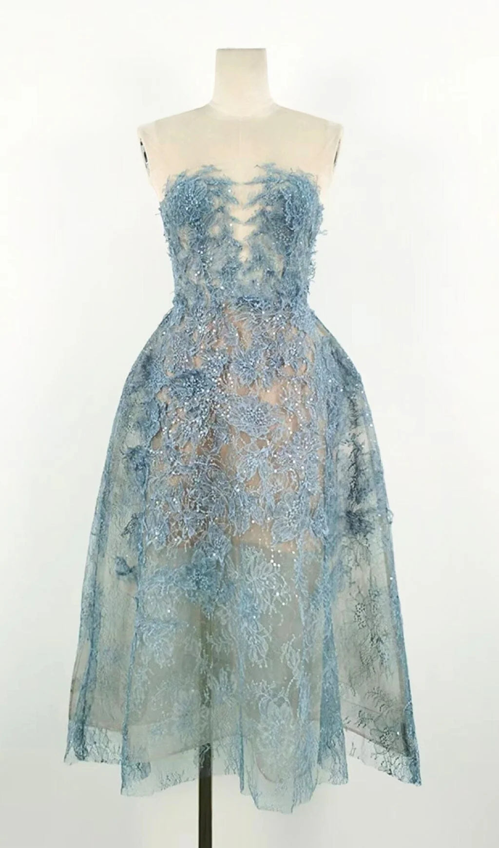 Blue Floral Lace A-Line Dress