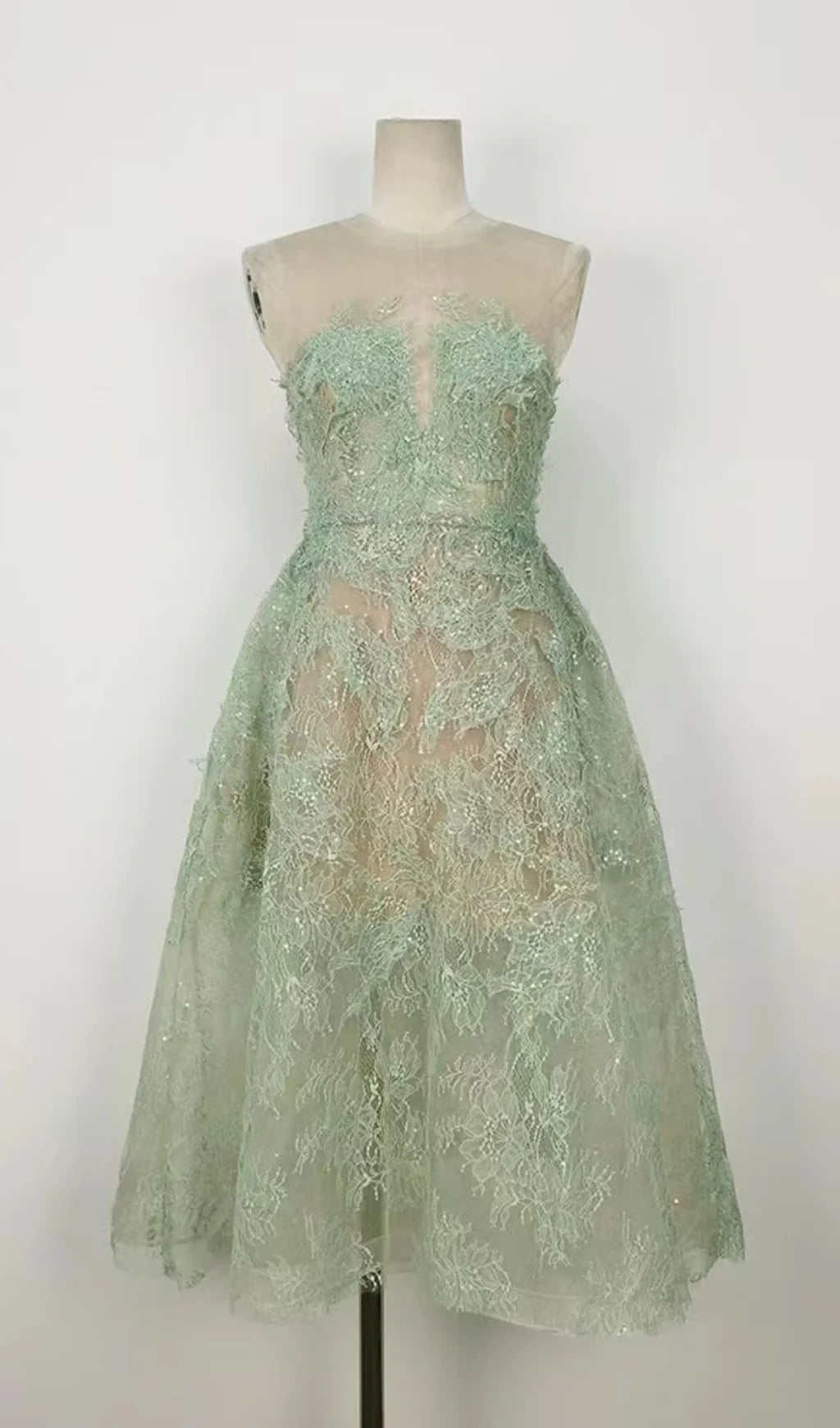 Green Floral Lace A-Line Dress