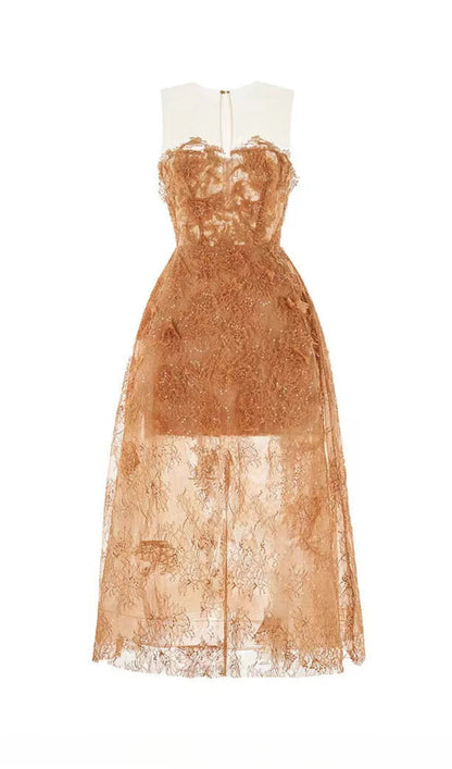 Brown Floral Lace A-Line Dress