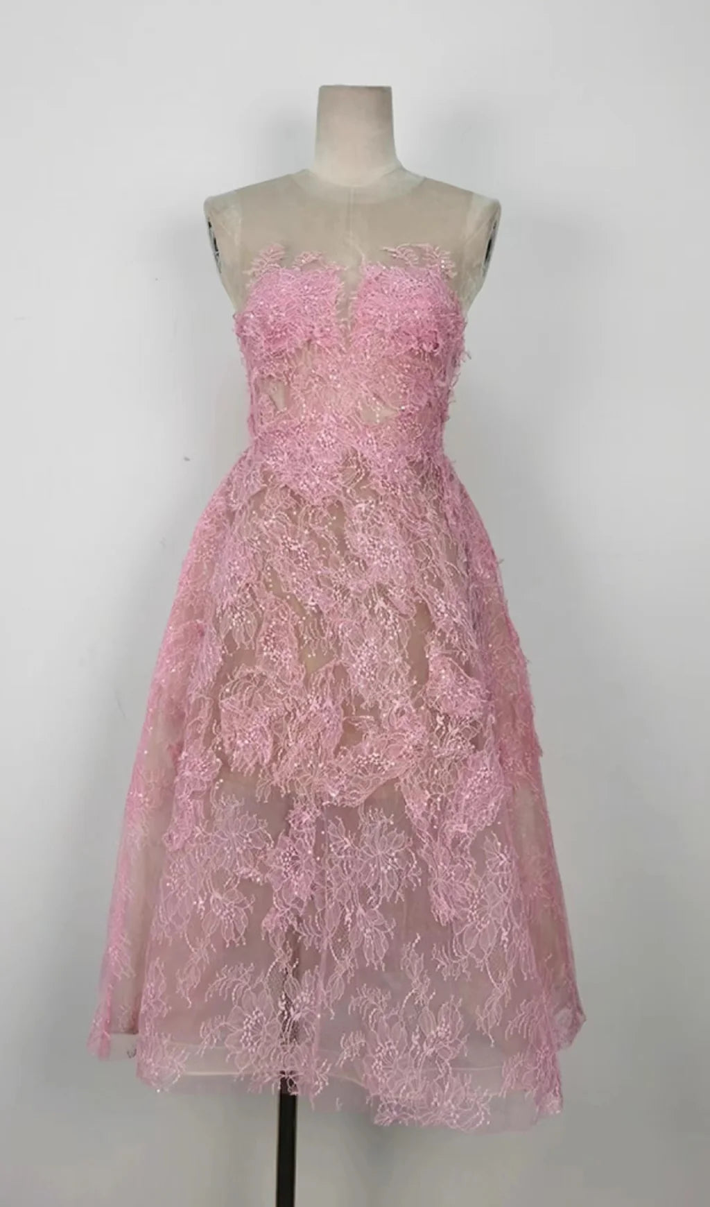 Pink Floral Lace A-Line Dress