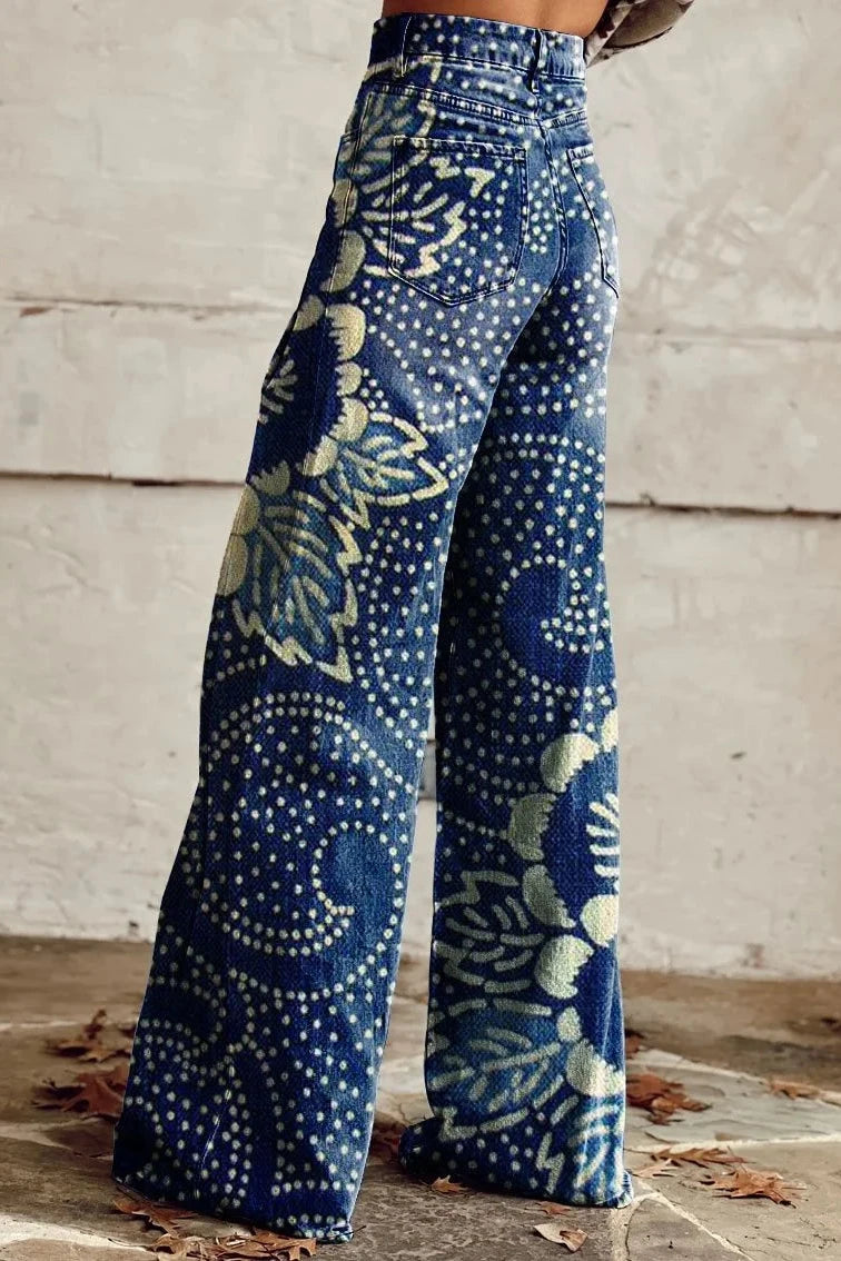 Women's Indigo Floral Print Casual Wide Leg Pants