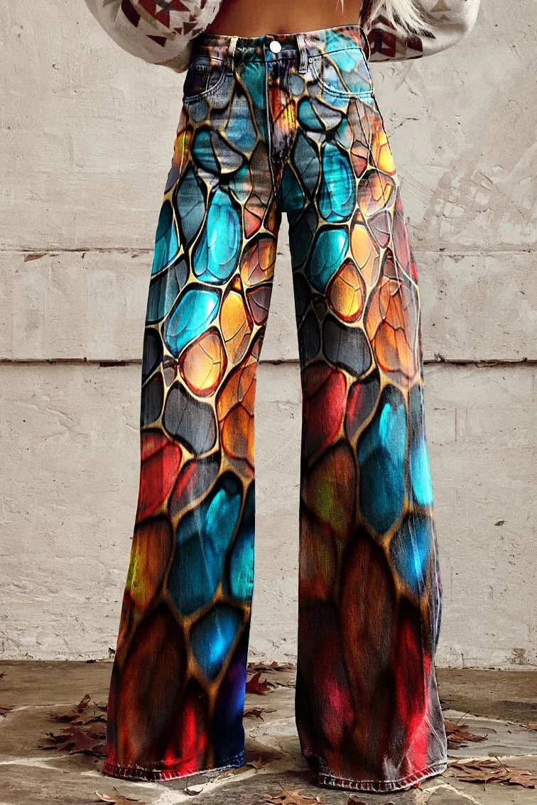 Women's Mosaic Stained Glass Print Casual Wide Leg Pants