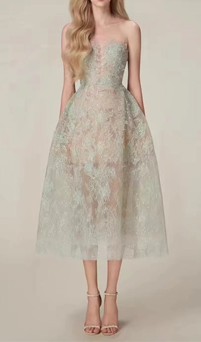 Green Floral Lace A-Line Dress