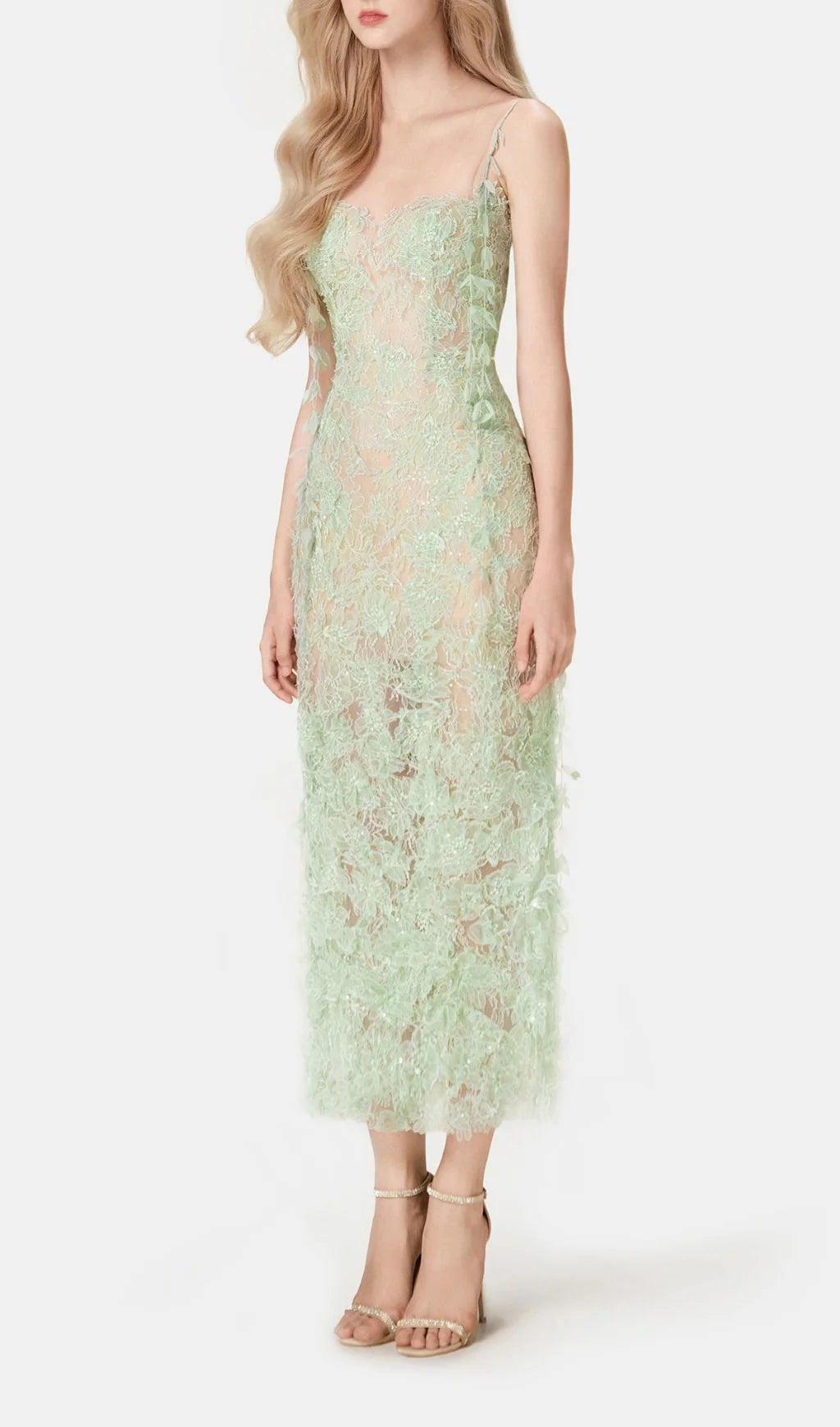 Green Embellished Lace Pencil Dress