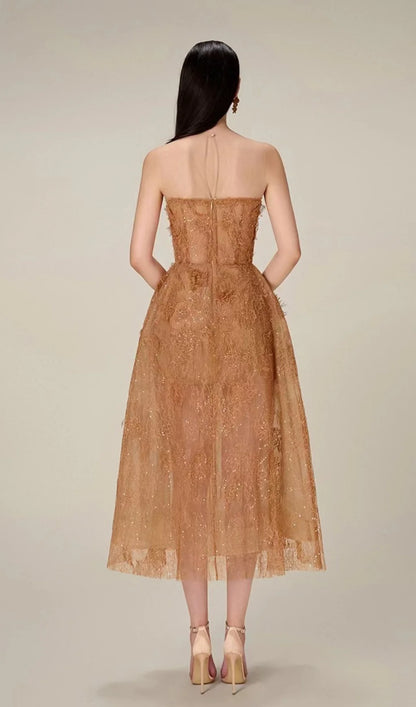 Brown Floral Lace A-Line Dress