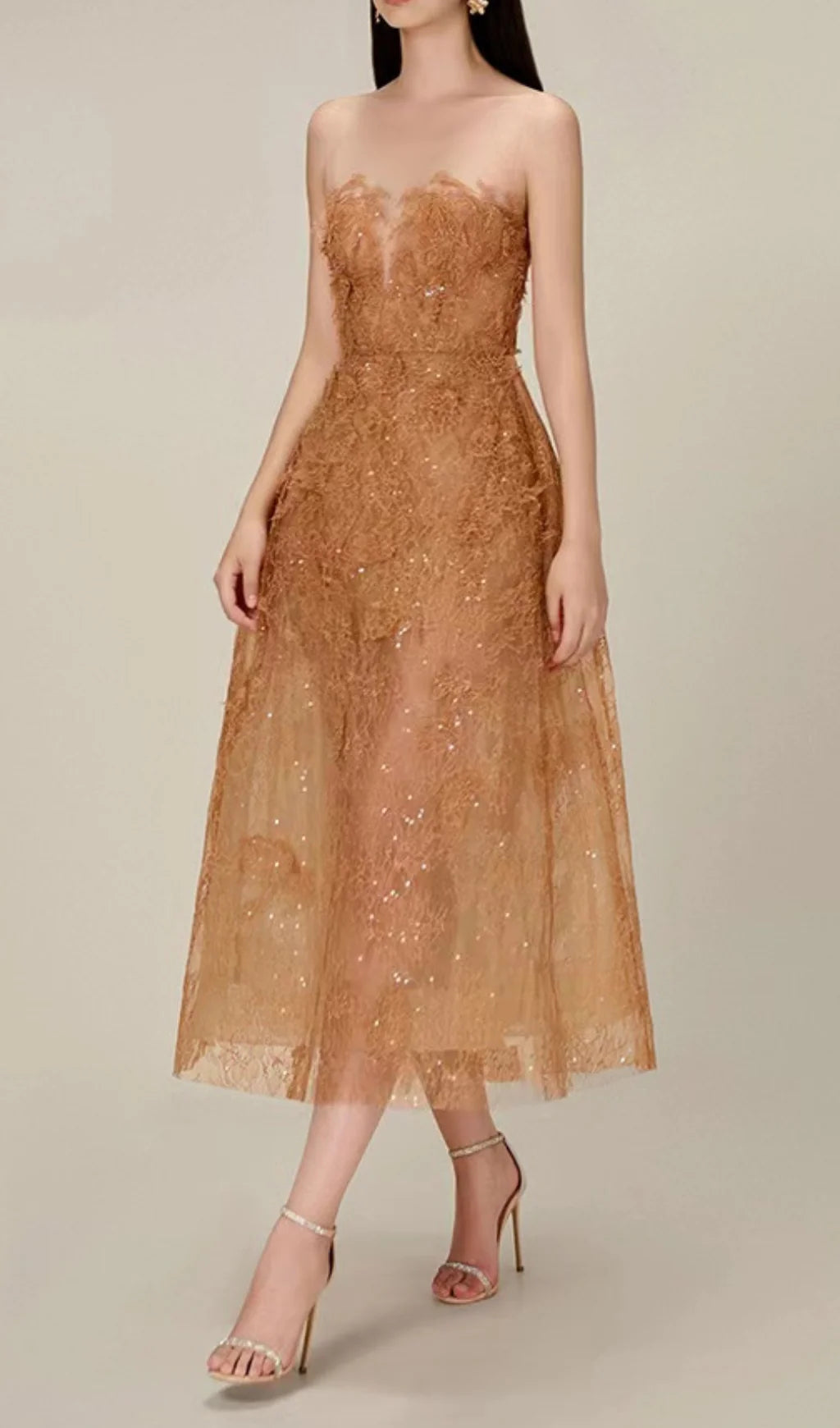 Brown Floral Lace A-Line Dress