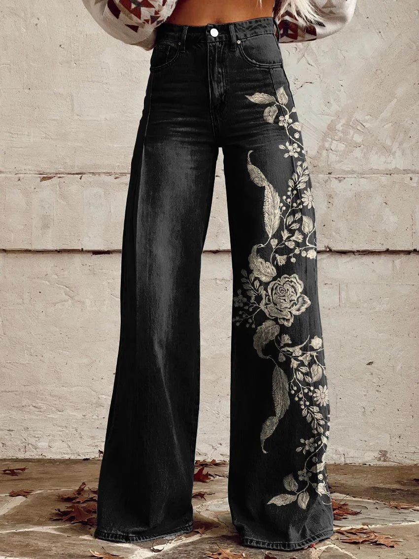 Women's Midnight Rose Print Casual Wide Leg Pants - Black