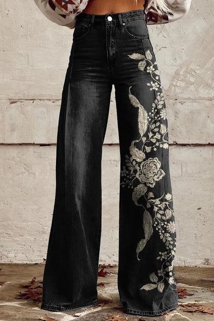 Women's Midnight Rose Print Casual Wide Leg Pants - Black