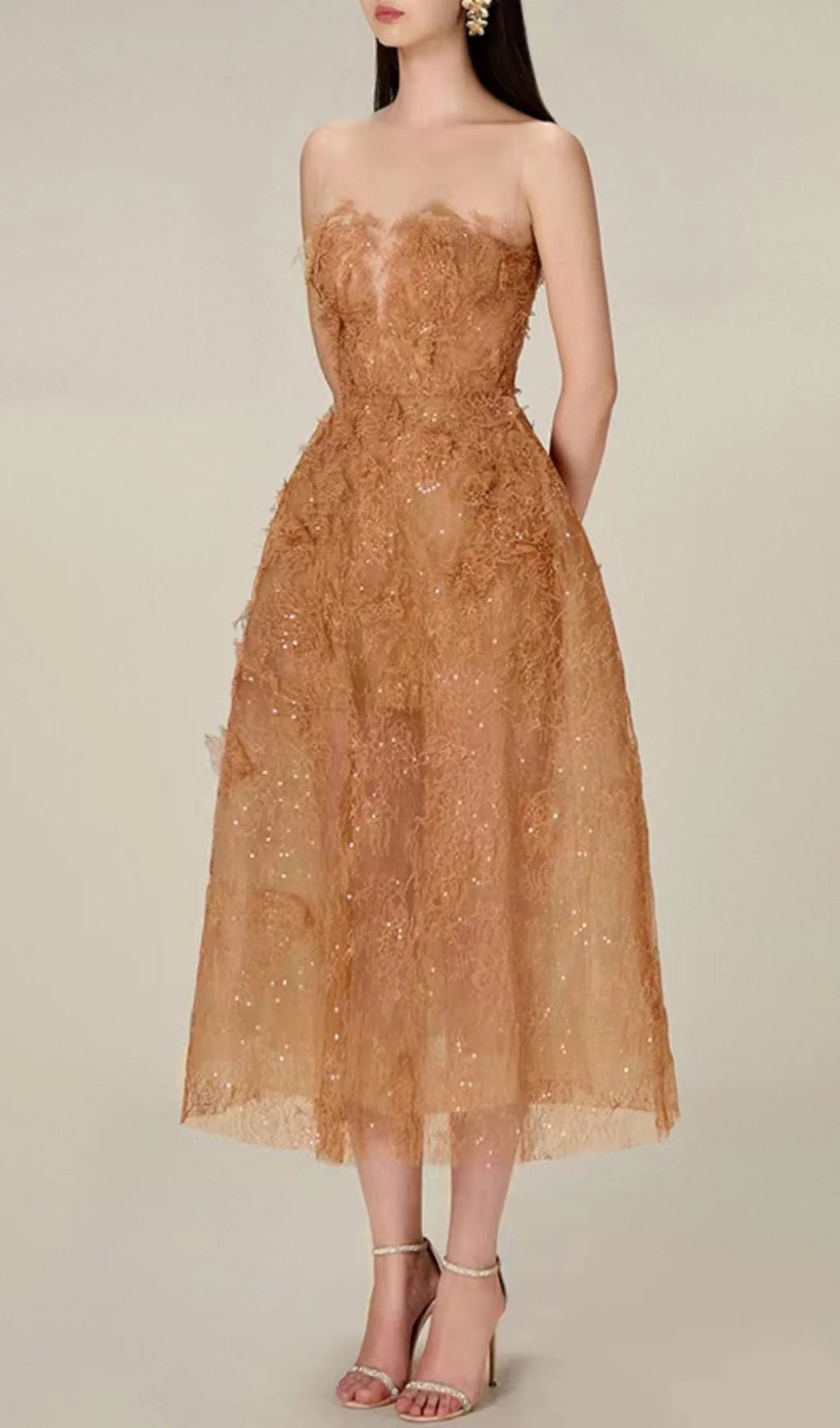 Brown Floral Lace A-Line Dress