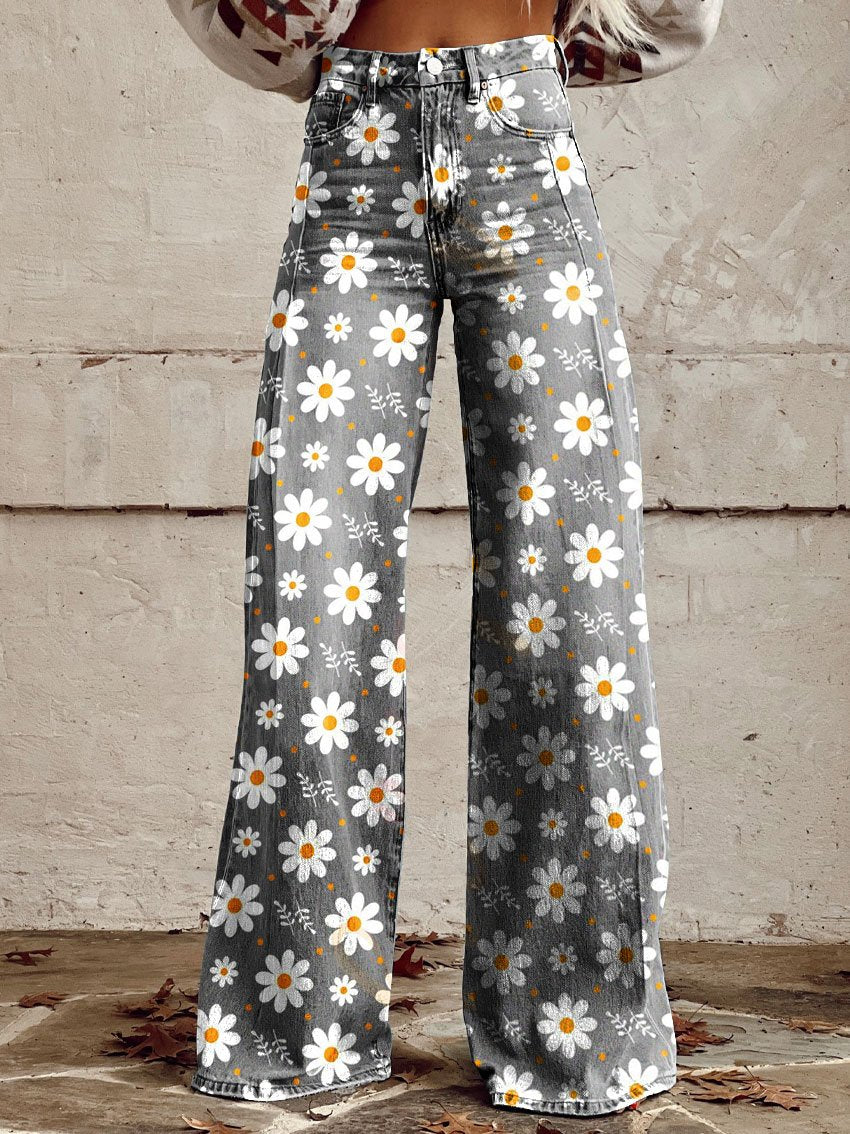 Women's Flower Print Casual Wide Leg Pants