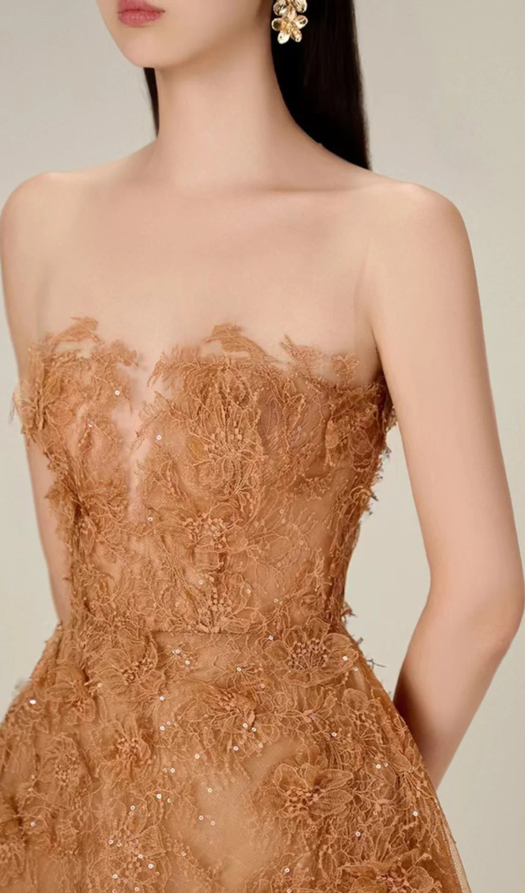 Brown Floral Lace A-Line Dress