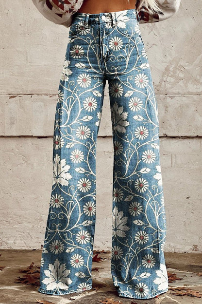 Women's Vintage Print Casual Wide Leg Pants