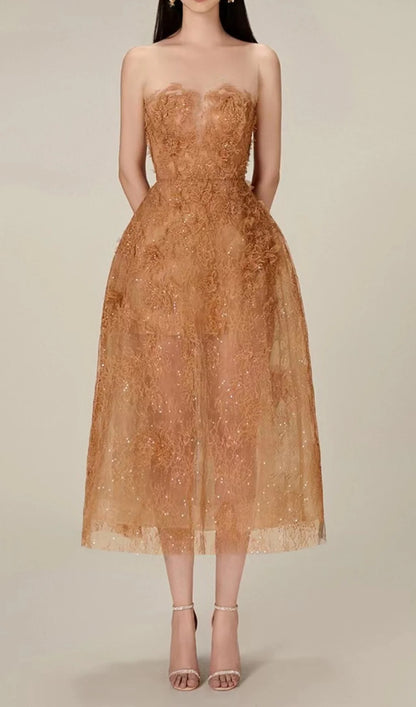 Brown Floral Lace A-Line Dress