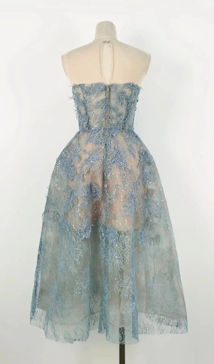 Blue Floral Lace A-Line Dress