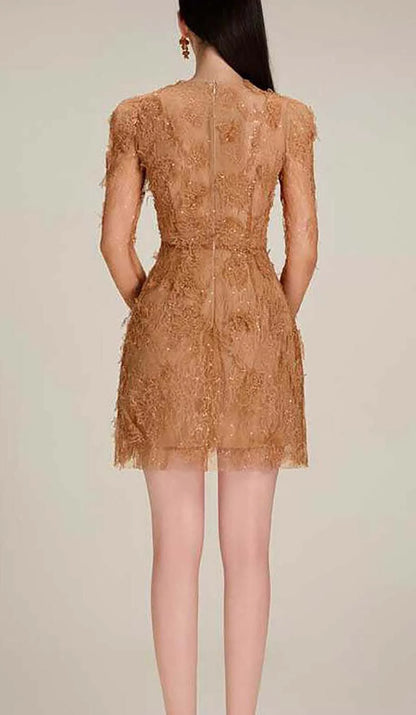 Brown Floral Lace Long Sleeve Mini Dress