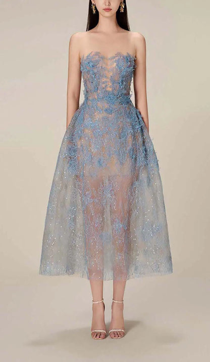 Blue Floral Lace A-Line Dress