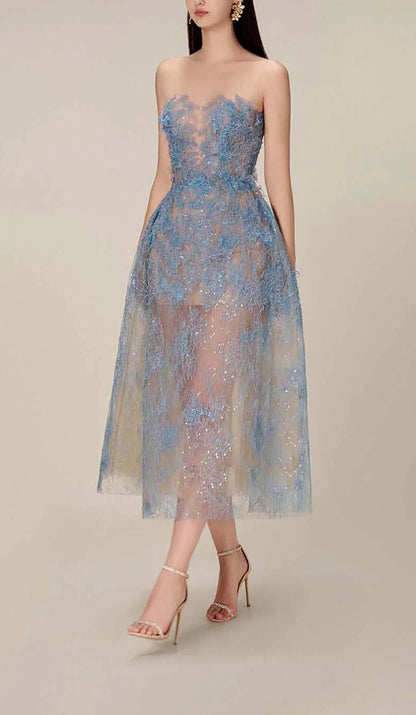 Blue Floral Lace A-Line Dress