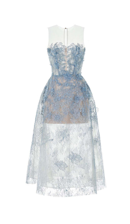 Blue Floral Lace A-Line Dress