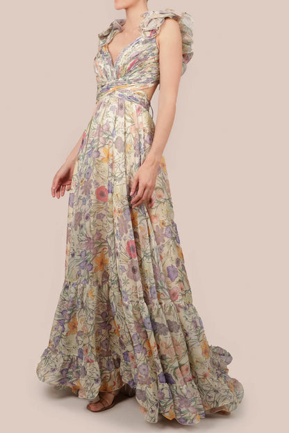 Mirela - Floral Pleated Backless Lace-Up Maxi Dress