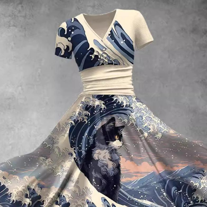 Artistic Cat and Ocean Wave V-Neck Wrap Midi Dress