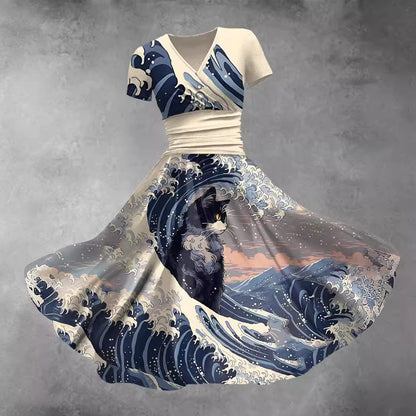 Artistic Cat and Ocean Wave V-Neck Wrap Midi Dress