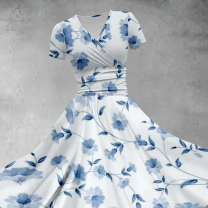 Elegant Blue Floral Wrap V-Neck Midi Dress