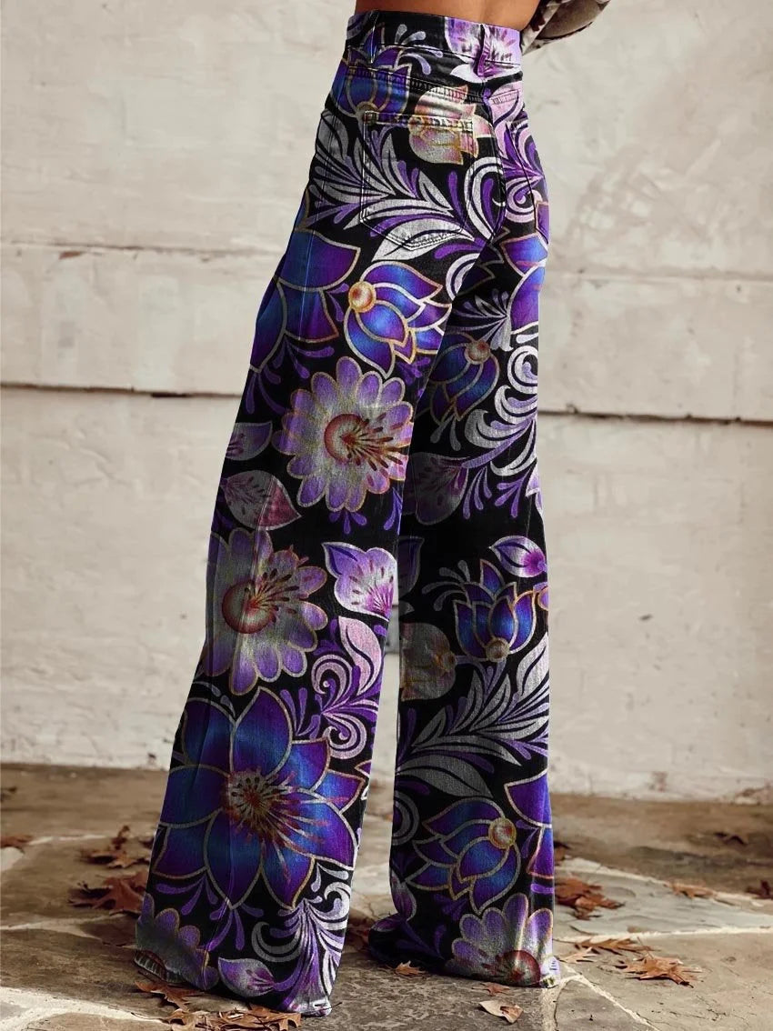 Women's Orchid Purple Print Casual Wide Leg Pants