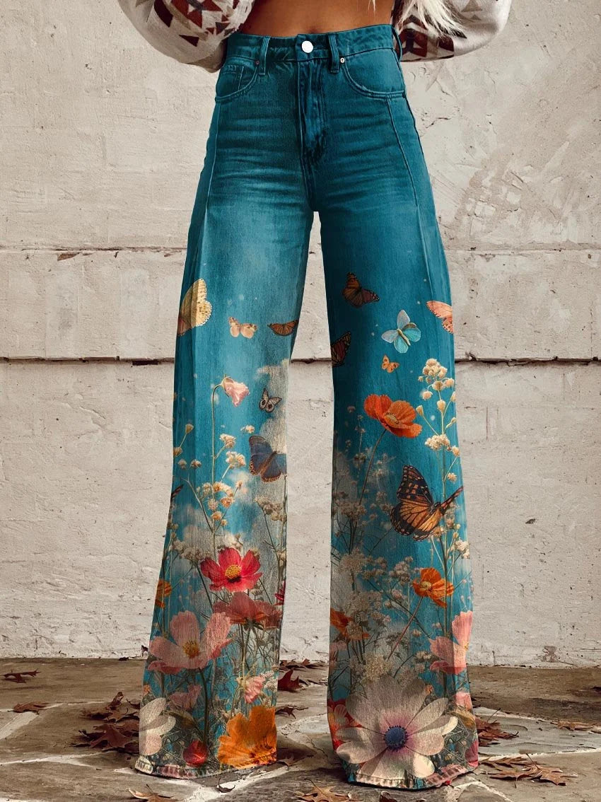 Women's Butterfly Meadow Print Casual Wide Leg Pants