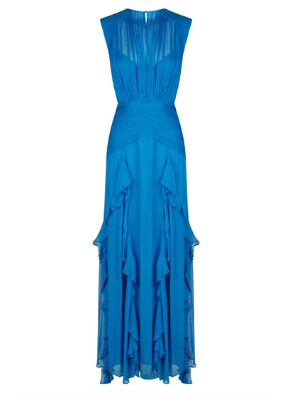 Alisha - Pleated Sleeveless Ruffle Maxi Dress