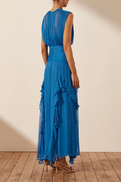 Alisha - Pleated Sleeveless Ruffle Maxi Dress