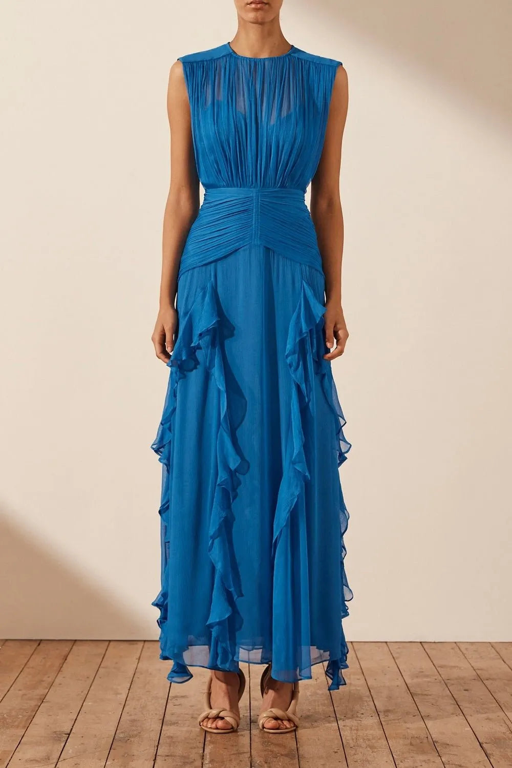 Alisha - Pleated Sleeveless Ruffle Maxi Dress