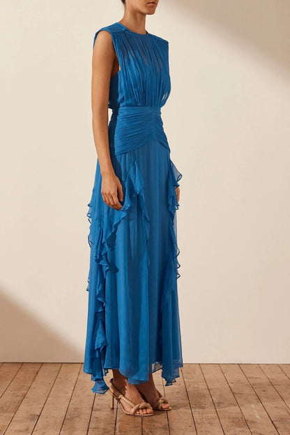 Alisha - Pleated Sleeveless Ruffle Maxi Dress