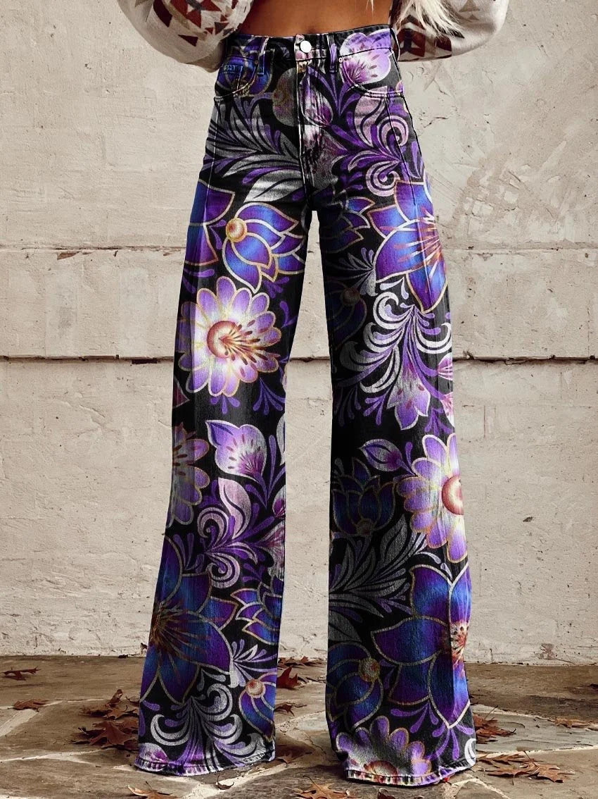 Women's Orchid Purple Print Casual Wide Leg Pants