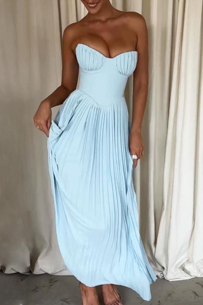 Charlotte - Elegant Strapless Pleated Blue Dress