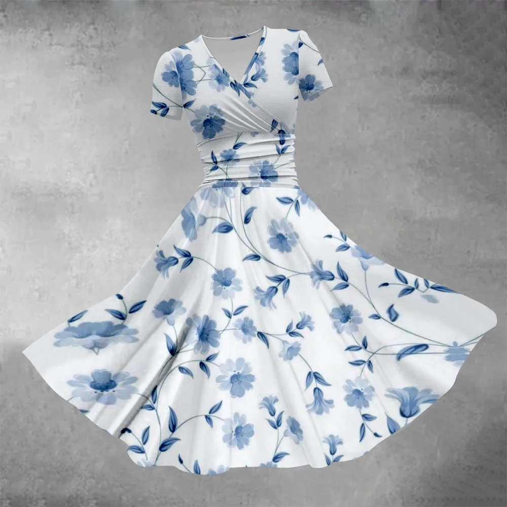 Elegant Blue Floral Wrap V-Neck Midi Dress