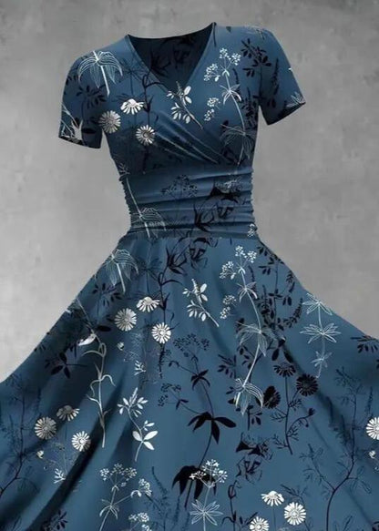 Elegant Botanical Print V-Neck Wrap Midi Dress