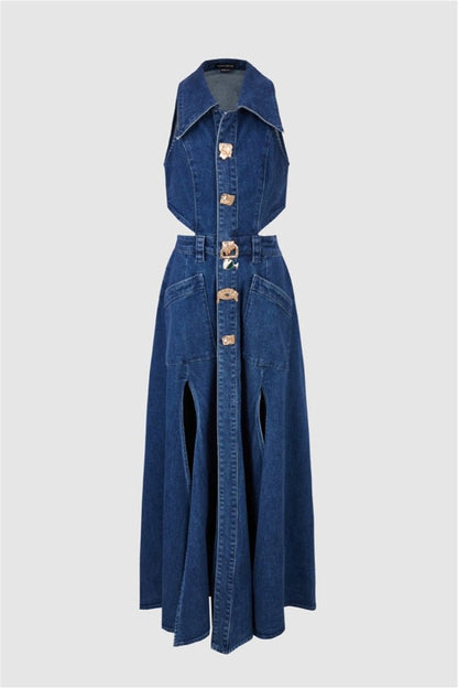 Alia - Denim Dress with Cut-Outs and Lapel Collar