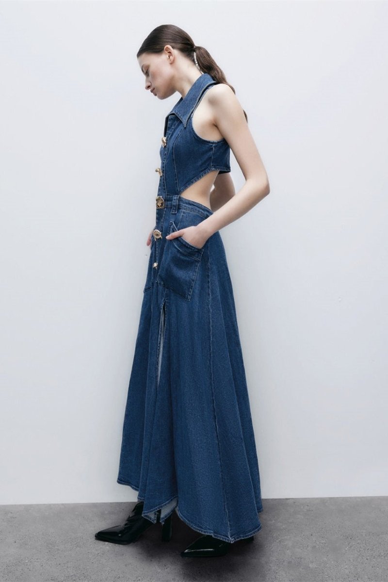 Alia - Denim Dress with Cut-Outs and Lapel Collar