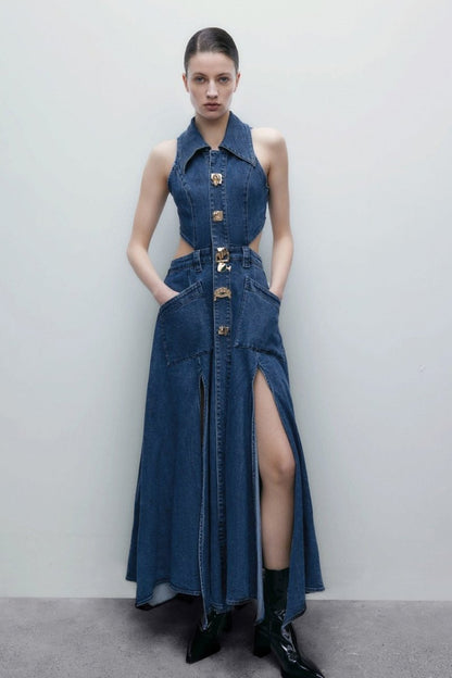 Alia - Denim Dress with Cut-Outs and Lapel Collar