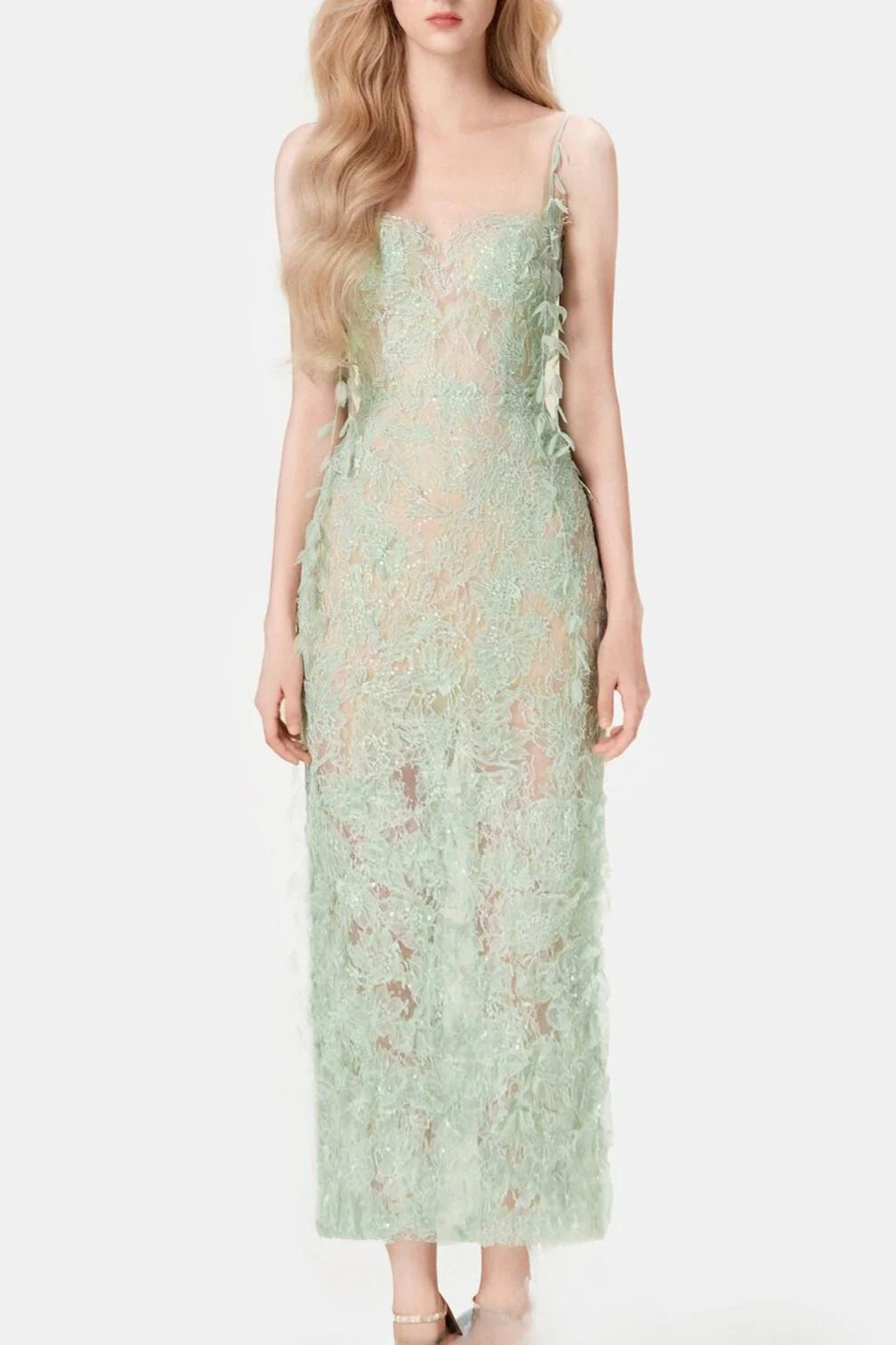 Green Embellished Lace Pencil Dress